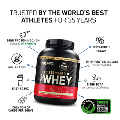 Optimum Nutrition (ON) Gold Standard 100% Whey Protein Powder 5 lb (+10% Extra), 2.5 kg (Vanilla Ice Cream), for Muscle Support & Recovery, Vegetarian - Primary Source Whey Isolate