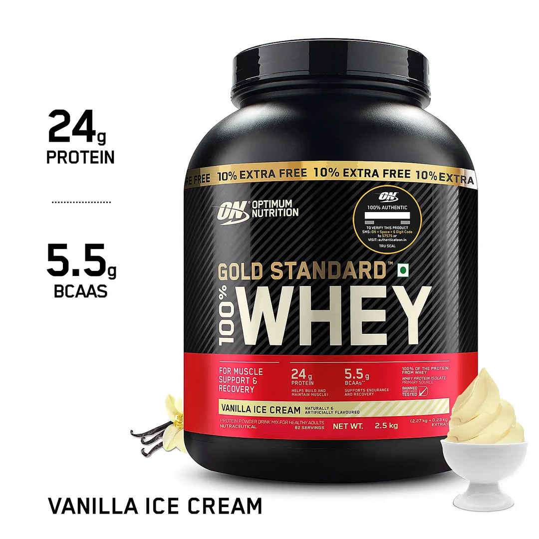Optimum Nutrition (ON) Gold Standard 100% Whey Protein Powder 5 lb (+10% Extra), 2.5 kg (Vanilla Ice Cream), for Muscle Support & Recovery, Vegetarian - Primary Source Whey Isolate