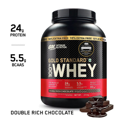 Optimum Nutrition (ON) Gold Standard 100% Whey Protein Powder 5 lb (+10% Extra), 2.5 kg (Double Rich Chocolate), for Muscle Support & Recovery, Vegetarian - Primary Source Whey Isolate