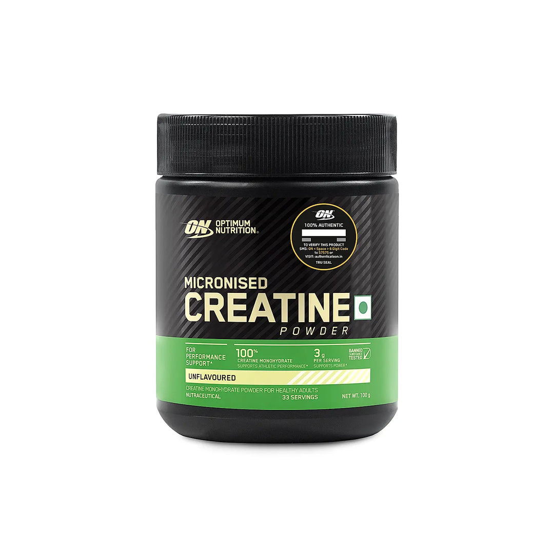 Optimum Nutrition (ON) Micronized Creatine Powder - 100 Gram, 33 Serves, 3g of 100% Creatine Monohydrate per serve, Supports Athletic Performance & Power, Unflavored.