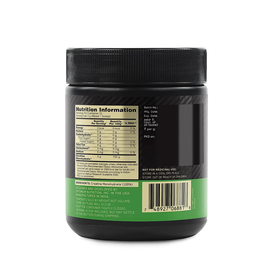 Optimum Nutrition (ON) Micronized Creatine Powder - 100 Gram, 33 Serves, 3g of 100% Creatine Monohydrate per serve, Supports Athletic Performance & Power, Unflavored.