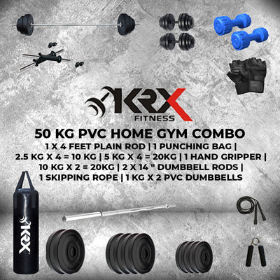50 kg PVC Combo with Unfilled Punching Bag & PVC Dumbbells | Home Gym | 2.5 Kg x 4 = 10 Kg (Plates + 5 Kg x 4 = 20Kg Plates + 10 Kg x 2 = 20Kg Plates)