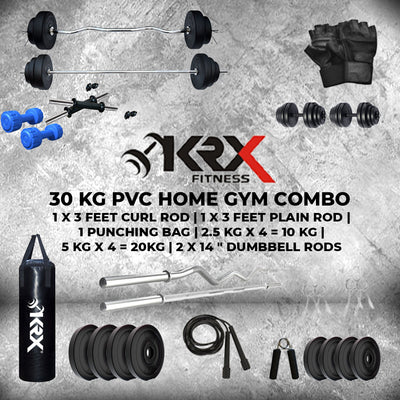 30 kg PVC Combo with Unfilled Punching Bag & PVC Dumbbells | Home Gym | (2.5 Kg x 4 = 10 Kg + 5 Kg x 4 = 20Kg )