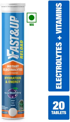 Fast&Up Reload (5 Litres) Low Sugar energy drink for Instant Hydration - 20 Effervescent Tablets with all 5 Essential Electrolytes + Added Vitamins - Certified Electrolytes Drink - Blueberry flavour