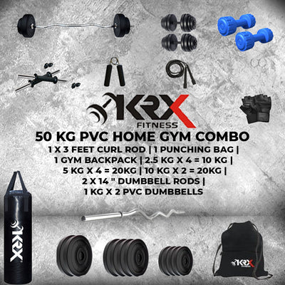 50 kg PVC 50 Combo with Unfilled Punching Bag & PVC Dumbbells | Home Gym | ( 2.5 Kg x 4 = 10 Kg + 5 Kg x 4 = 20Kg + 10 Kg x 2 = 20Kg )