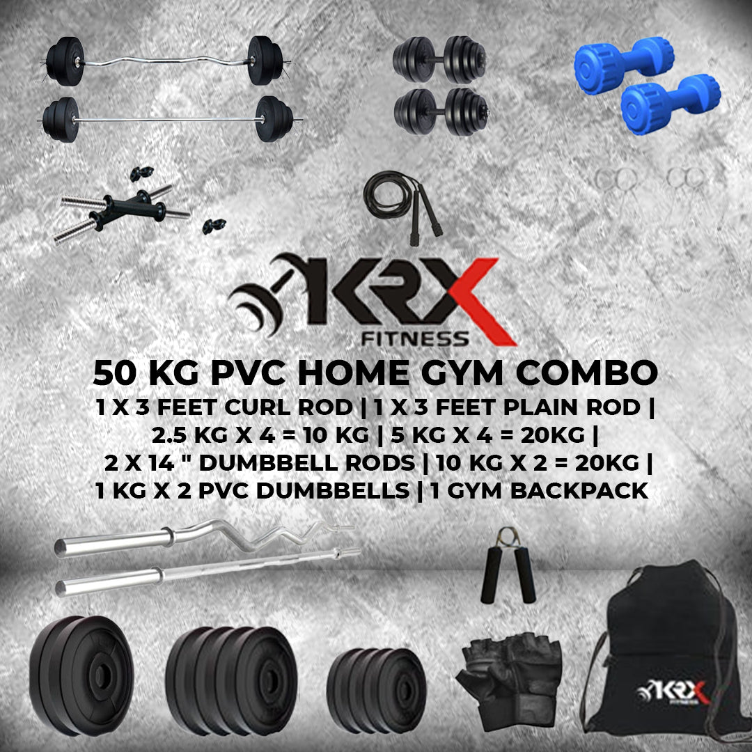 50 kg PVC Combo With PVC Dumbbells | Home Gym | ( 2.5 Kg x 4 = 10 Kg + 5 Kg x 4 = 20Kg + 10 Kg x 2 = 20Kg )