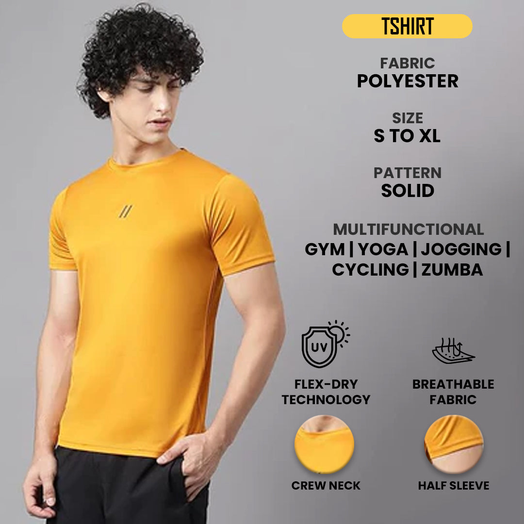Men's Slim Fit Polyester Half Sleeve Yellow T Shirt - Quick Dry Lycra Sports Training Tee for Gym | Running | Workout