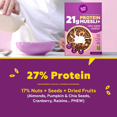 High Protein Muesli - Choco Almond & Cranberry - 21g Protein Muesli with Premium Whey Protein Isolate | Almonds & Probiotics - Gluten Free - All Natural Protein Snacks 350g