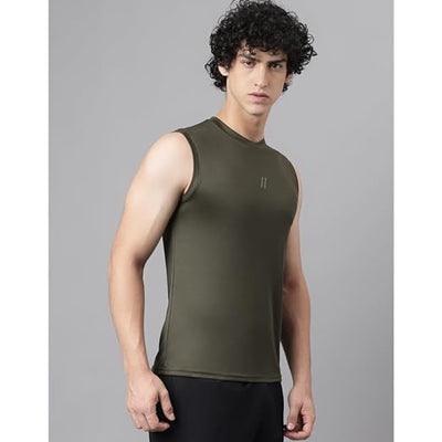 Men's Slim Fit Polyester Sleeveless T Shirt- Black Olive - Sando Top Tank Muscle Tee for Sports | Gym | Running