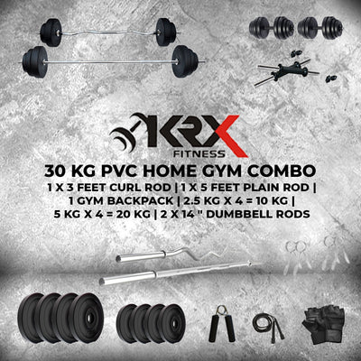 30 Kg PVC Combo with One 3 Ft Curl + One 5 Ft plain Rod & One Pair Dumbbell Rods | Home Gym | (2.5 Kg x 4 = 10 Kg + 5 Kg x 4 = 20Kg)