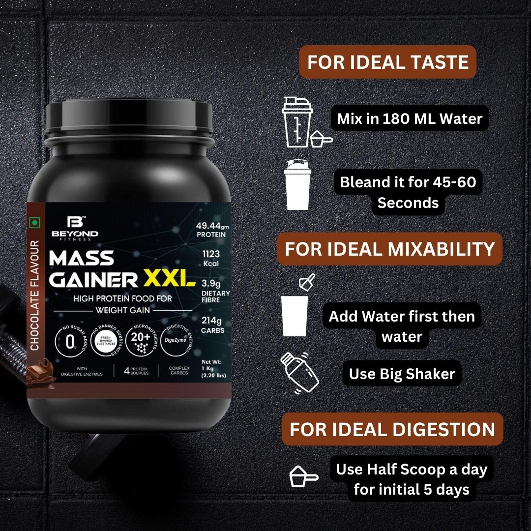 Beyond Fitness Mass Gainer XXL Protein Powder | Weight and Muscle Gainer | 49.44g Protein | 214g Carbs | 3.9g Dietary Fibre | 1 |000+ Calories | Chocolate |1 Kg ( 2.2 lb)