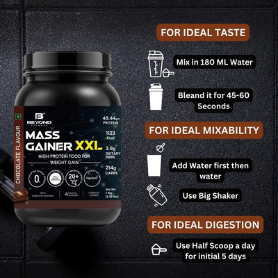 Beyond Fitness Mass Gainer XXL Protein Powder | Weight and Muscle Gainer | 49.44g Protein | 214g Carbs | 3.9g Dietary Fibre | 1 |000+ Calories | Chocolate |2 Kg ( 4.4 lb) (Pack of 2)