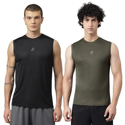 Men's Slim Fit Polyester Sleeveless T Shirt- Black Olive - Sando Top Tank Muscle Tee for Sports | Gym | Running