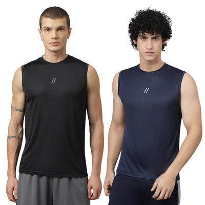 Men's Slim Fit Polyester Sleeveless T Shirt- Black Blue - Sando Top Tank Muscle Tee for Sports | Gym | Running