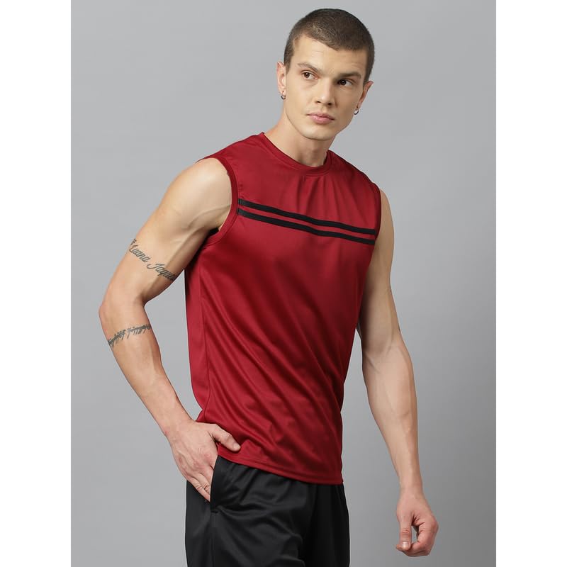Men's Slim Fit Polyester Sleeveless T Shirt- Red & Black - Sando Top Tank Muscle Tee for Sports | Gym | Running