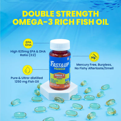 Fast&Up Promega with Double Strength 1250 mg Omega-3 Rich Fish Oil (60 Capsules) | High 375 mg EPA & 250 mg DHA ratio (3:2) For Heart, Eyes, Joints & Brain Health | No Fishy Aftertaste, Smell or Burps