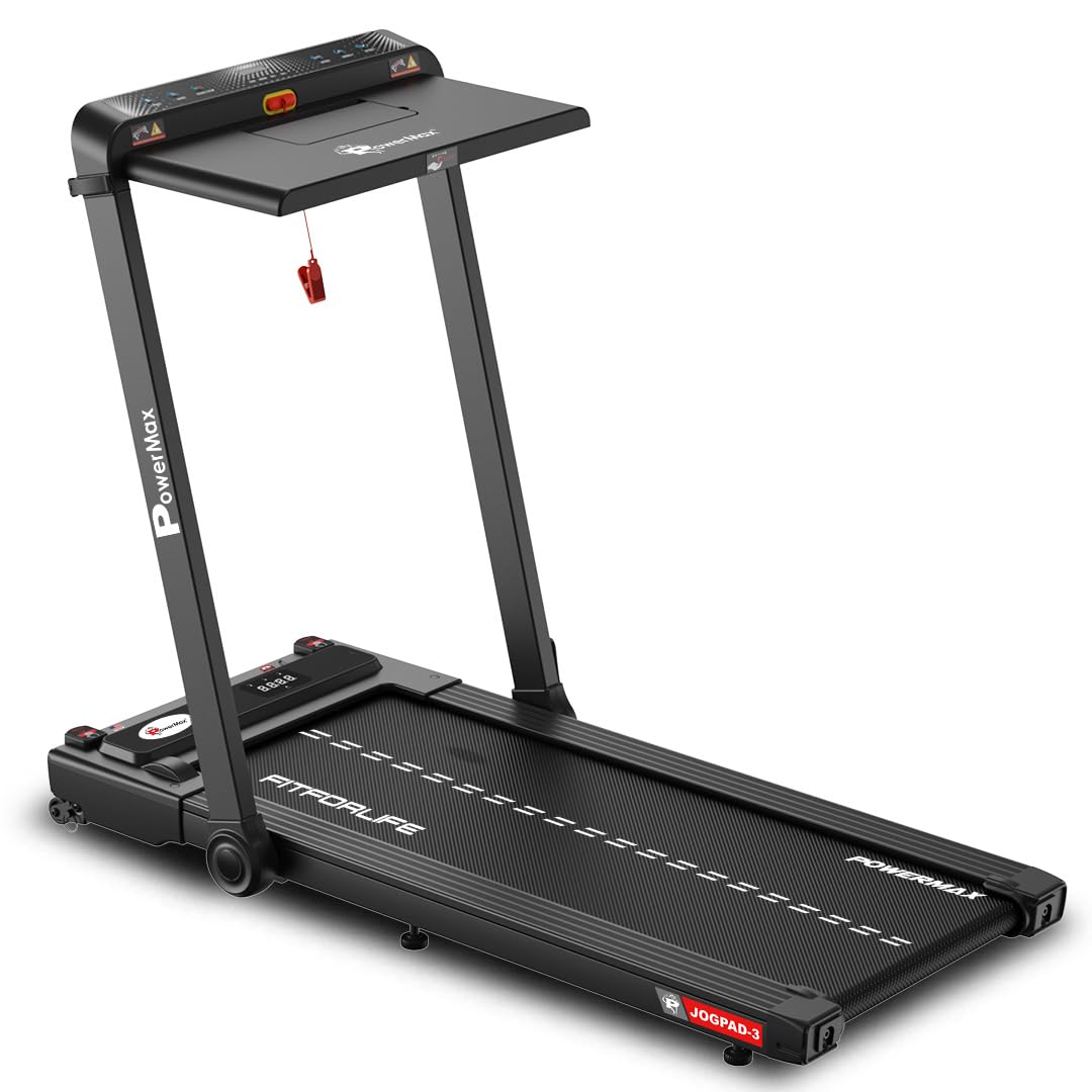 PowerMax JogPad-3 4HP 2-in-1 Under Desk Motorized Treadmill for Home 12 km/hr Speed, Remote, LED Display, Bluetooth Speakers, iPad Holder 110kg