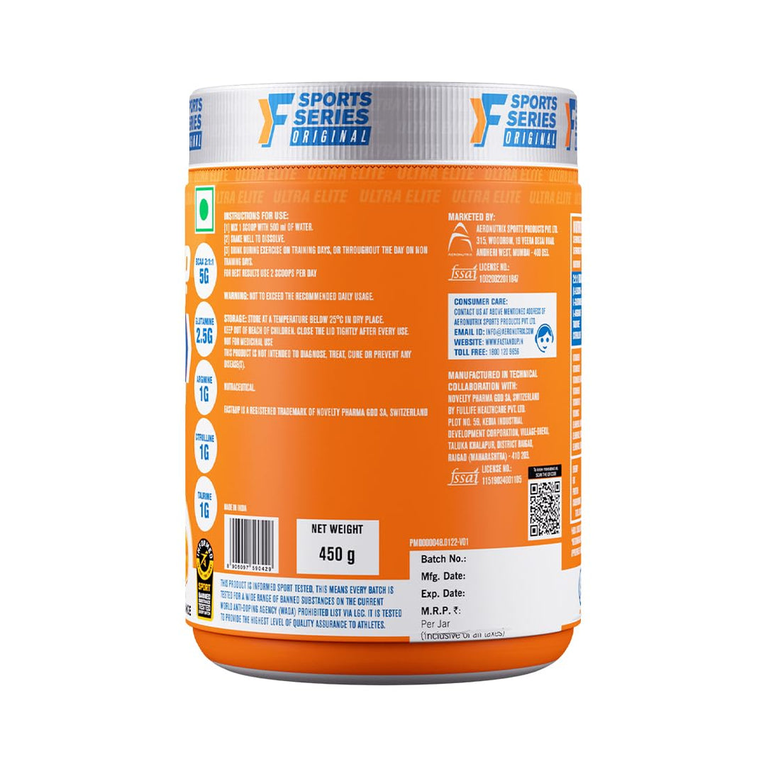Fast&Up BCAA Advanced - 450 Gms, 30 Servings, (Orange Flavour) Informed Sport Certified BCAA that helps in Muscle Recovery & Endurance, BCAA (2:1:1) + Muscle Activators + Electrolytes
