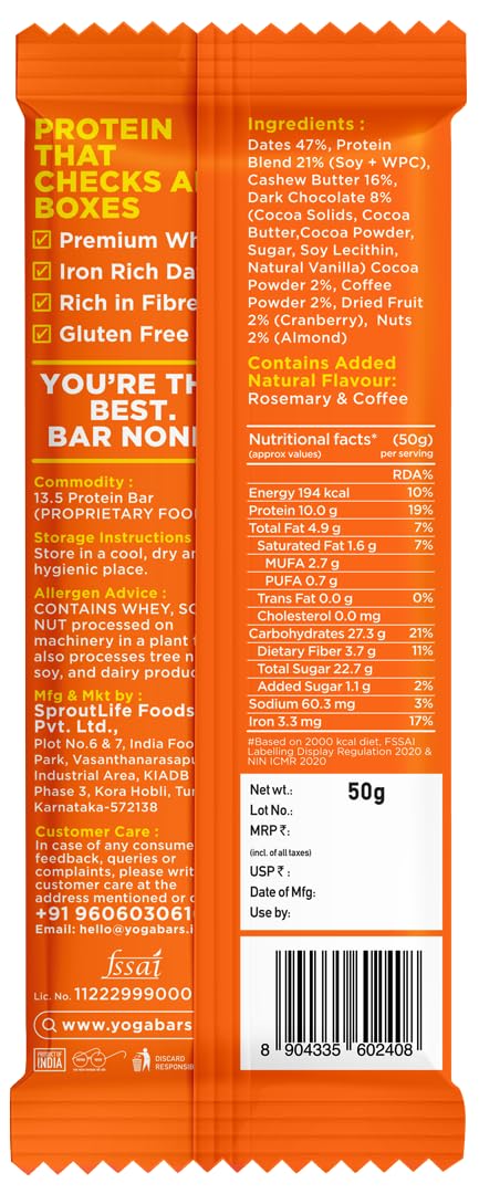 Mocha Brownie 10g Protein Bars [Pack of 6] | Protein Blend & Premium Whey | 100% Veg | Rich Protein Bar with Dates | Vitamins | Fiber | Energy & Immunity for fitness. 100% Natural ingredients used.