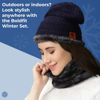 Boldfit 3-IN-1 Winter Hat Scarf Gloves Set For Men & Women - Black