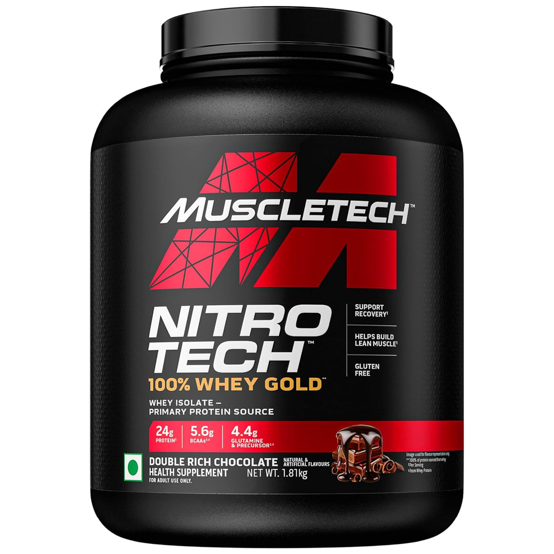 Muscletech Nitrotech 100% Whey Gold,1.81Kg (4Lbs),Double Rich Chocolate,Primary Source-Whey Protein Isolate,24G Of Pure Protein For Enhanced Lean Muscle,Strength&Recovery,Gluten Free,Vegetarian