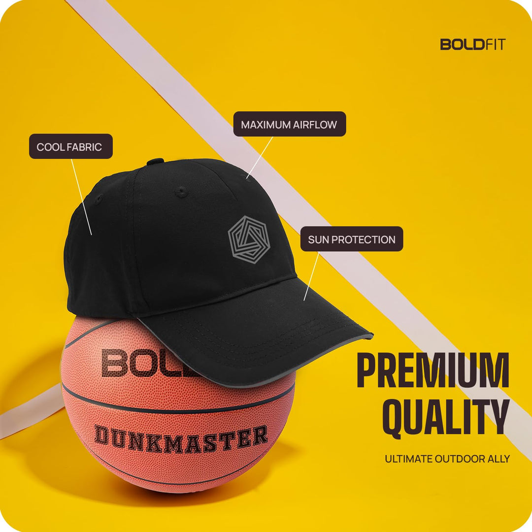 Boldfit Black Sports Cap for Men and Women - Unisex Headwear with Adjustable Strap, Suitable for All Sports, Gym, and Summer Activities