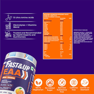 Fast&Up EAA Intra - Training/Workout drink (EAAx9) with BCAA+Electrolyte Blend+Vitamin Booster helps provide Muscle Recovery|Hydration|Performance 30 servings (Tangy Orange)