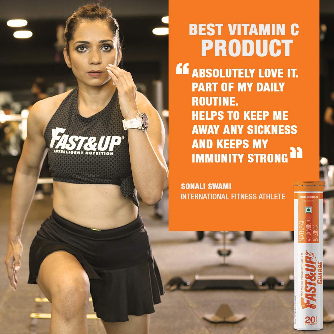 Fast&Up Charge with Natural Vitamin C and Zinc for Immune Support - 20 Effervescent Tablets - Orange Flavour