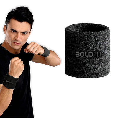 Boldfit Sweat Wrist Band for Men Gym 3 Inch Sweat Wrist Support for Gym, Exercise, Running, Badminton, Basketball for Sweat Absorbing Wrist Bands for Gym Cotton Wrist Sleeves for Arm Support - Black