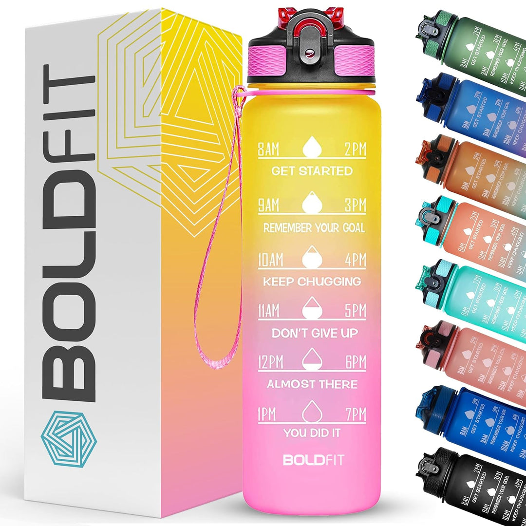 Boldfit 1 Litre Sipper Bottle For Adults, Kids Unbreakable Motivational Water Bottle Time Mark Sipper With Straw-Time For Office School Home Water Bottle for Kids -(Yellow Pink)