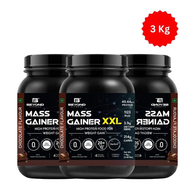 Beyond Fitness Mass Gainer XXL Protein Powder | Weight and Muscle Gainer | 49.44g Protein | 214g Carbs | 3.9g Dietary Fibre | 1 |000+ Calories | Chocolate |3 Kg ( 6.6 lb) (Pack of 3)