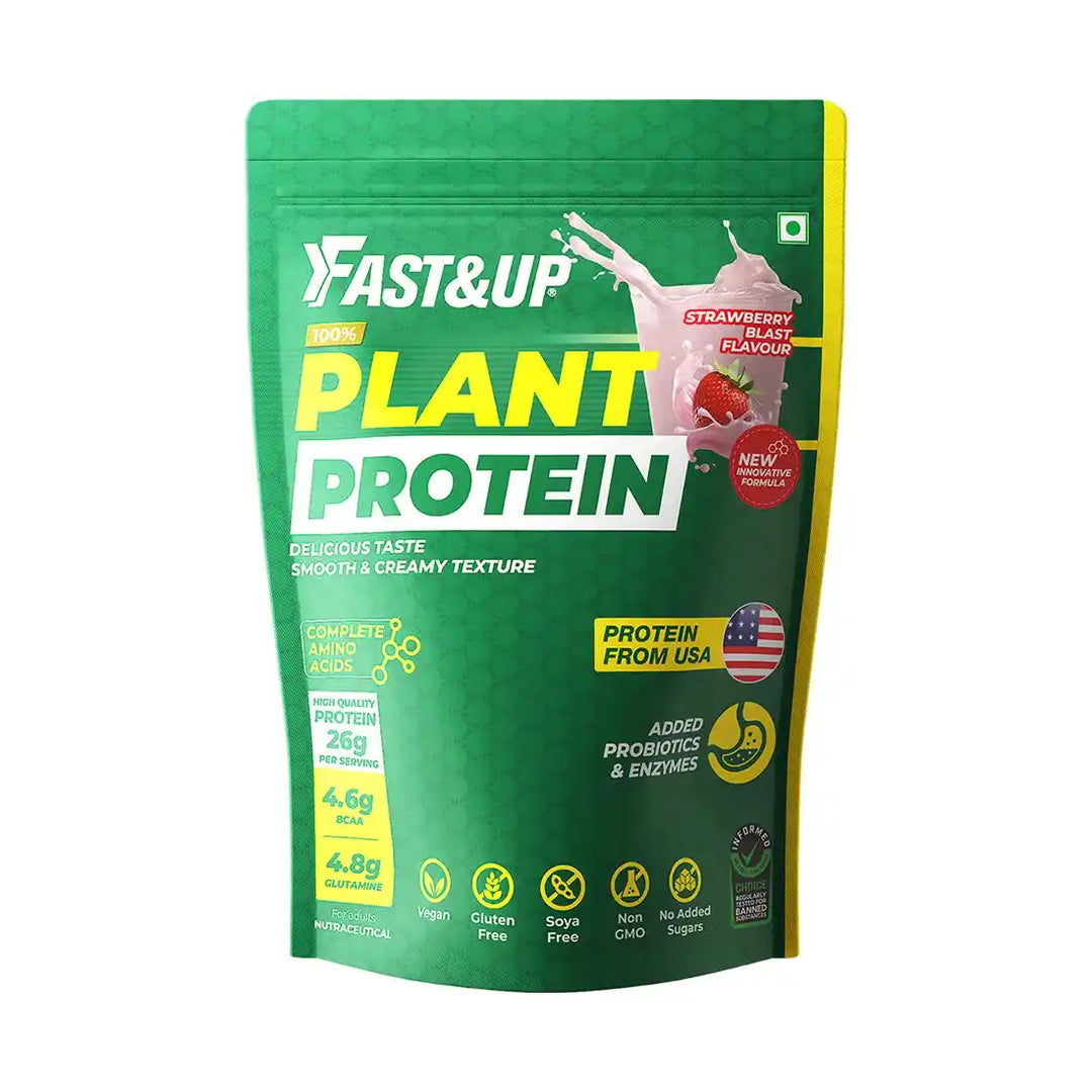 Fast&Up 100% Plant Protein Powder, 26g Vegan Isolate Protein/Serving- Natural Protein from Pea & Brown Rice with 4.6g BCAA and 4.8g Glutamine, Smooth, Creamy Protein - 975gm, Strawberry Blast Flavour