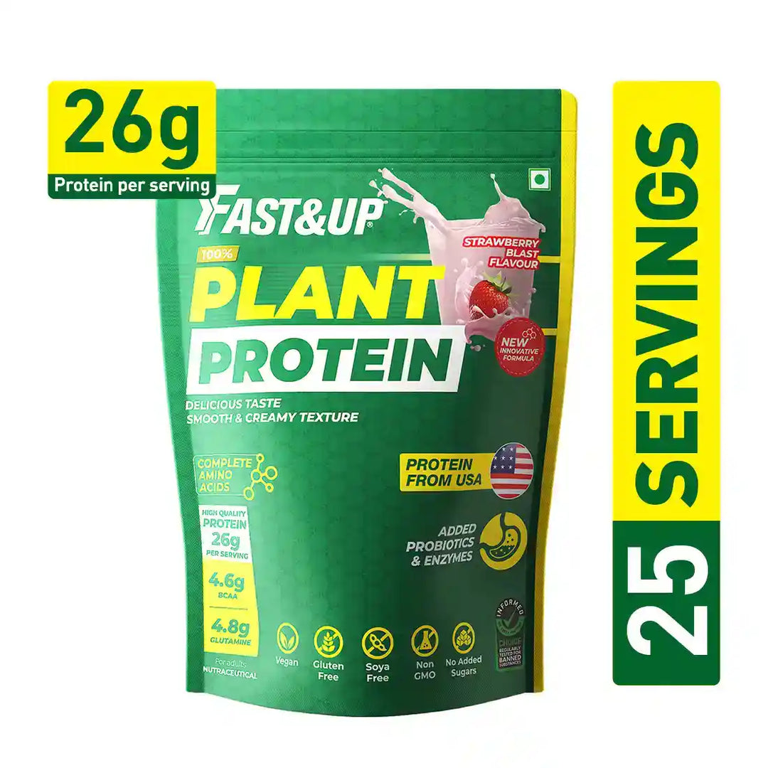 Fast&Up 100% Plant Protein Powder, 26g Vegan Isolate Protein/Serving- Natural Protein from Pea & Brown Rice with 4.6g BCAA and 4.8g Glutamine, Smooth, Creamy Protein - 975gm, Strawberry Blast Flavour