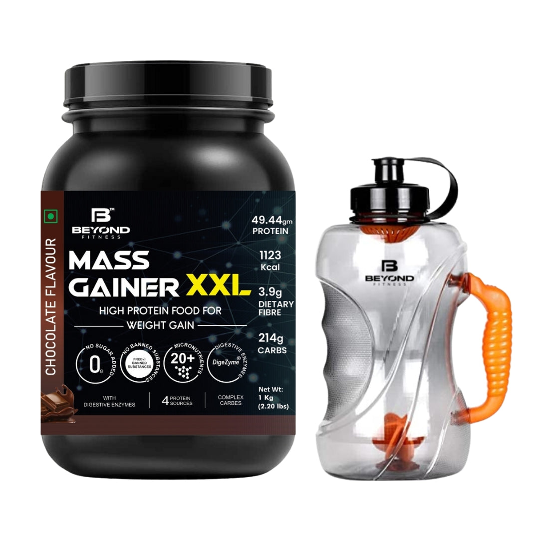 Beyond Fitness Mass Gainer XXL Protein Powder | Weight and Muscle Gainer | 49.44g Protein | 214g Carbs | 3.9g Dietary Fibre | 1 |000+ Calories | Chocolate |1 Kg ( 2.2 lb) with 1.5ltr Gallon Shaker