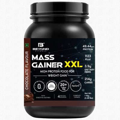 Beyond Fitness Mass Gainer XXL Protein Powder | Weight and Muscle Gainer | 49.44g Protein | 214g Carbs | 3.9g Dietary Fibre | 1 |000+ Calories | Chocolate |1 Kg ( 2.2 lb)
