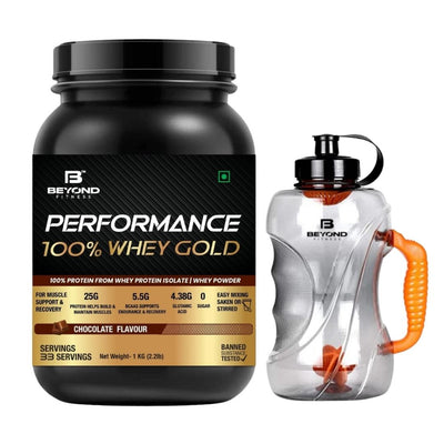 Performance 100% Whey Gold- Post Workout Protein Concentrate | Zero Artificial Flavors & Sweeteners | Gluten Free | 25g Protein | 5.5g BCAA |Essential Amino Acids | Chocolate 2.2 lb (1 KG) with 1.5 ltr gallon