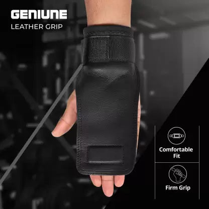 Natural Leather Palm Protection Hand Gymnastic Grips for Training Workout Wrist Support (Black)