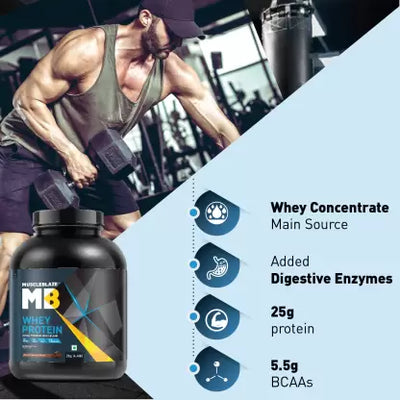 MuscleBlaze 100% Whey Protein Supplement Powder with Digestive Enzyme, 2 kg (4.4 lb), 57 Servings (Smooth Chocolate)