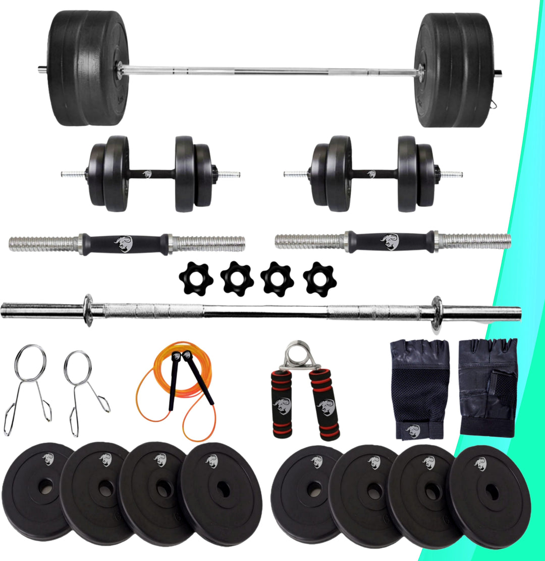 10 kg Home Gym Combo | Home Gym Set | 3ft Curl Rod | 3ft Straight + One Pair Dumbbell Rods | Weight Plates | Exercise Set with Accessories