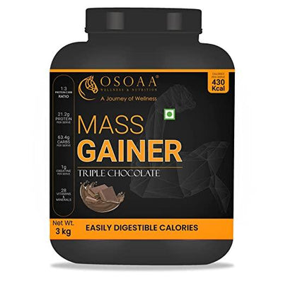 Mass Gainer Protein 3kg Chocolate, 420 Calorie, Creatine, Digestive Enzyme, Fast Muscle Weight Gain, 28 Vitamin & Mineral, 30 Serving - Kriya Fit