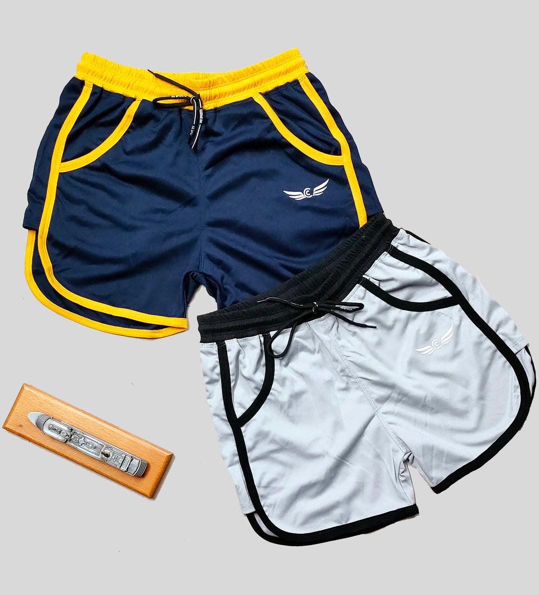 Colorblock Men Shorts For Training & Workout (Navy/Yellow | Grey/Black) (Pack of 2)