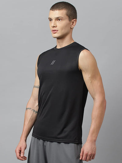 Men's Slim Fit Polyester Sleeveless T Shirt (Black)