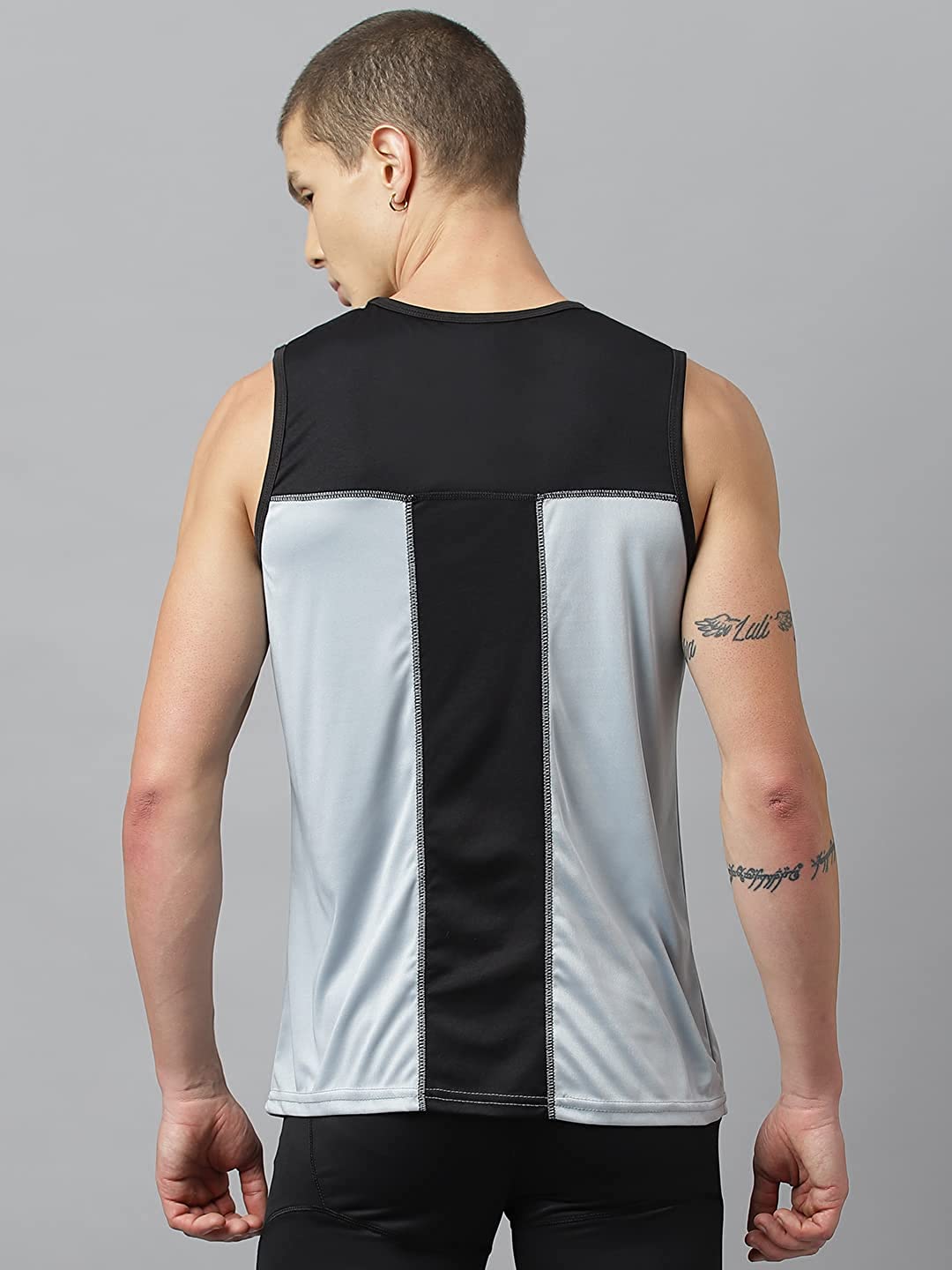 Men's Slim Fit Polyester Sleeveless T Shirt (Grey-Black)