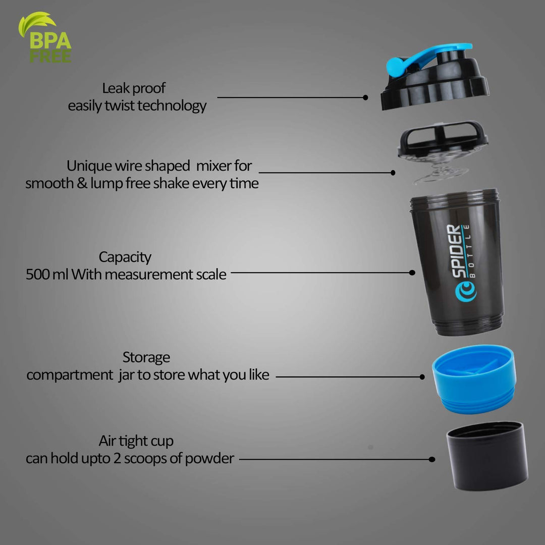 Spider Protein Shaker Bottle with Extra compartment (Pack of 2 | 500 ml | Assorted colour)