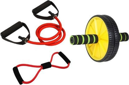 Combo Kit Full Body Exerciser Ab WHeel Single Rope Toning Tube  Figure 8 Tube  (Pack of 3)