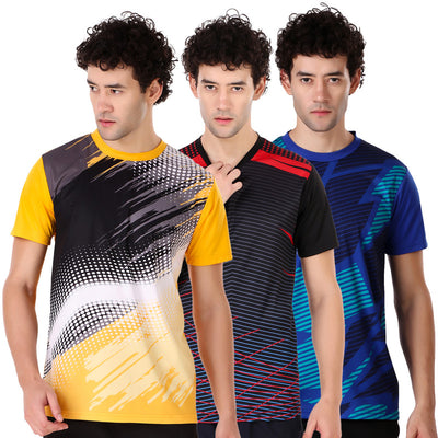 Yellow-Black-Royale Self Design Men Round Neck T-Shirt 100 % Polyerster (Pack of 3)