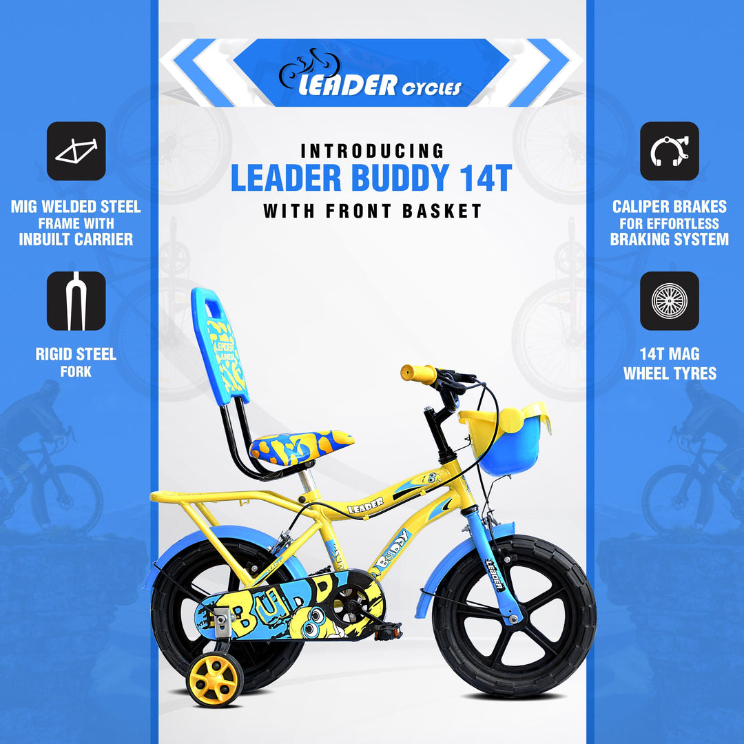 Buddy 14T Kids Cycle with Training Wheels - Semi Assembled - Age Group: 2-5 Years - 14 T Road Cycle Single Speed - Yellow Blue