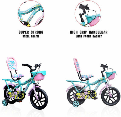 Buddy 14T Kids Cycle with Training Wheels (Semi-Assembled) - Age Group: 2-5 Years - 14 T Road Cycle Single Speed - Green Pink