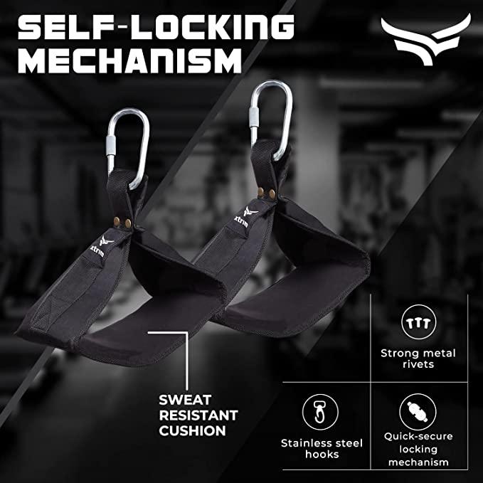 XTRIM Ab Slings for Professionals, Thick Nylon-Padded, Heavy-Duty Straps with Self-Lock Mechanism & Strong Rivets for Abdominal Muscle Building & Arm Training (1 Pair, Army) - Kriya Fit
