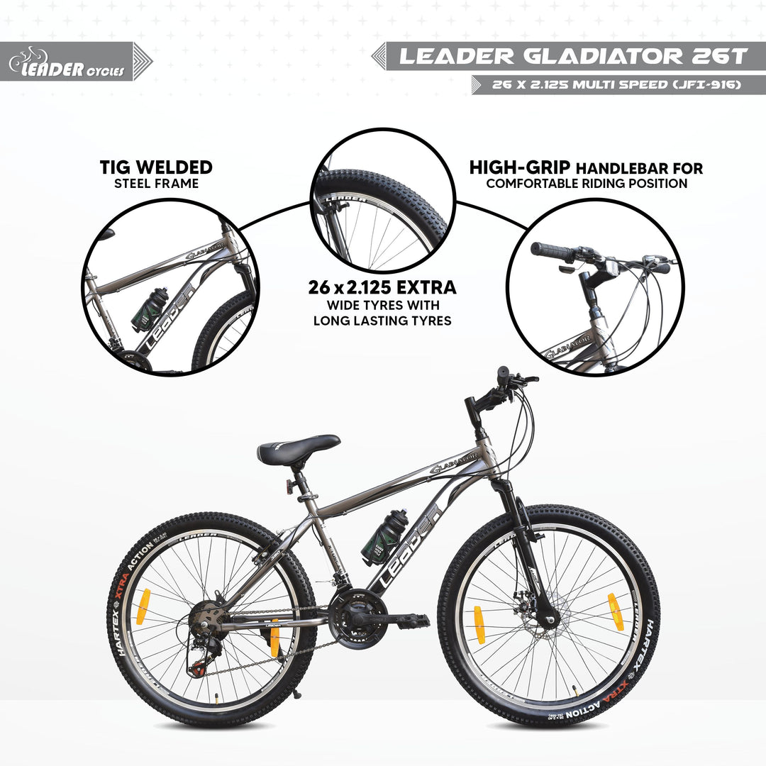 Gladiator 26TT Multi-Speed 21-Speed Cycle with Front Suspension and Disc Brake - 26 T Hybrid Cycle City Bike 21 Gear - Grey